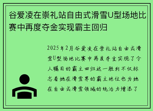 谷爱凌在崇礼站自由式滑雪U型场地比赛中再度夺金实现霸主回归