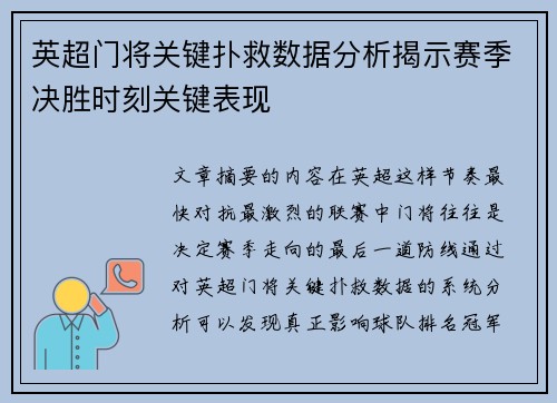 英超门将关键扑救数据分析揭示赛季决胜时刻关键表现