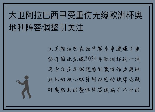 大卫阿拉巴西甲受重伤无缘欧洲杯奥地利阵容调整引关注 大卫阿拉巴西甲受重伤无缘欧洲杯奥地利阵容调整引关注