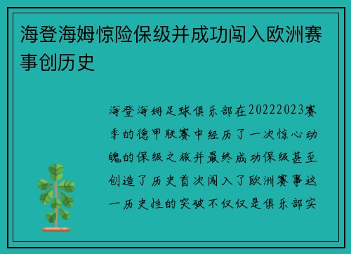 海登海姆惊险保级并成功闯入欧洲赛事创历史 海登海姆惊险保级并成功闯入欧洲赛事创历史